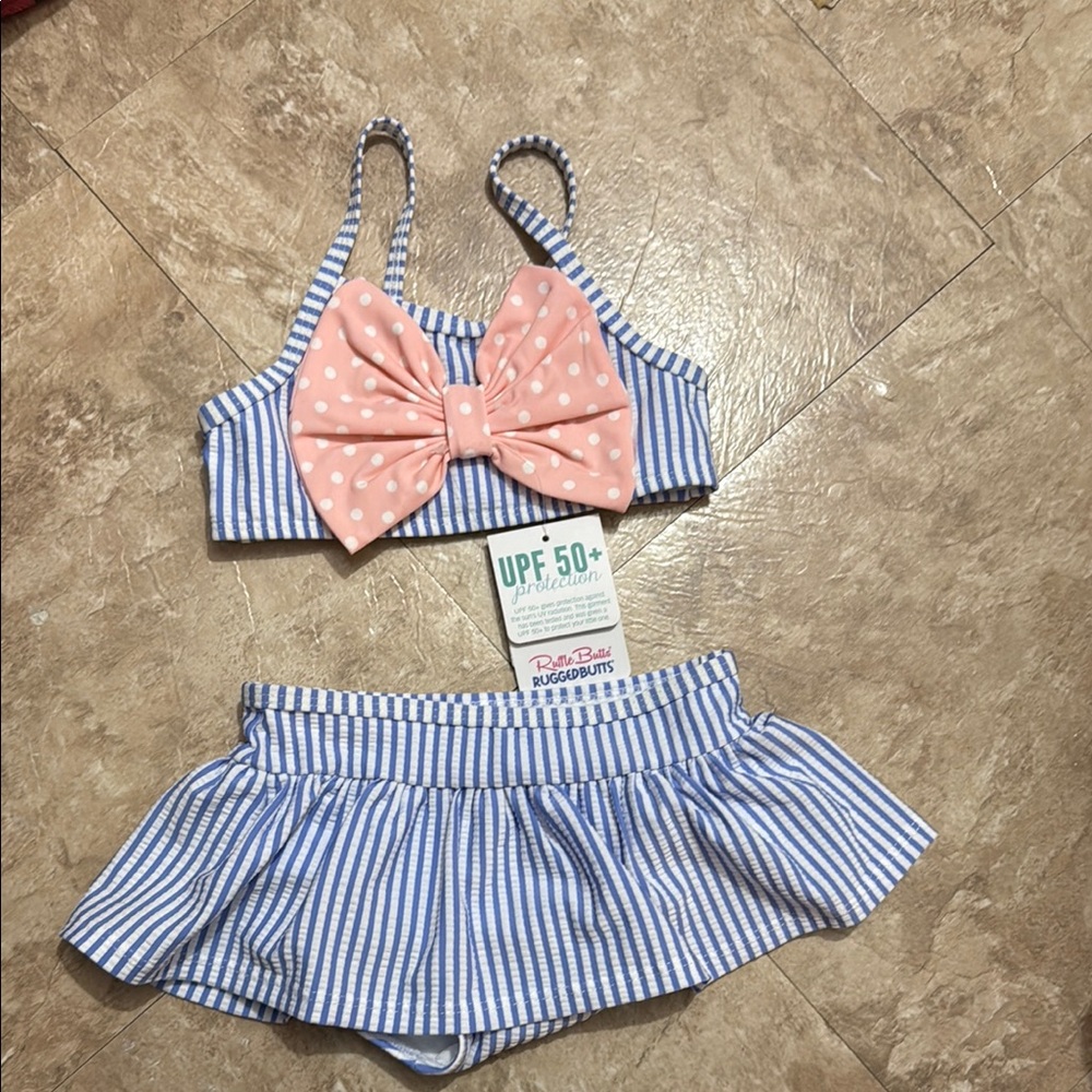 Ruffle Butts Pink and Blue Striped Kids Swim Bikini